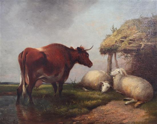 Manner of Paulus Potter, oil, Cow and sheep beside a river(-)